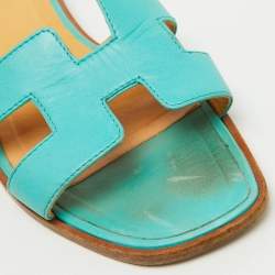 Hermes Turquoise Blue Leather Oran Flat Slide Sandals Size 40