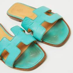 Hermes Turquoise Blue Leather Oran Flat Slide Sandals Size 40