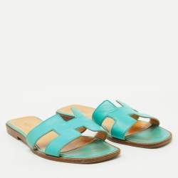 Hermes Turquoise Blue Leather Oran Flat Slide Sandals Size 40