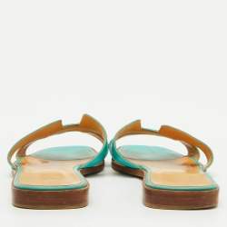 Hermes Turquoise Blue Leather Oran Flat Slide Sandals Size 40