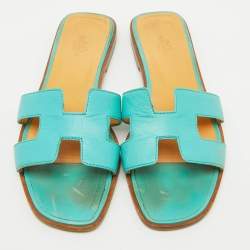 Hermes Turquoise Blue Leather Oran Flat Slide Sandals Size 40