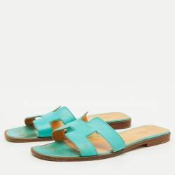 Hermes Turquoise Blue Leather Oran Flat Slide Sandals Size 40