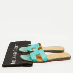 Hermes Turquoise Blue Leather Oran Flat Slide Sandals Size 40