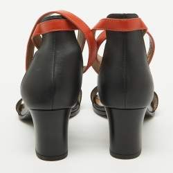 Hermes Black/Orange Leather Ankle Strap Sandals Size 38.5