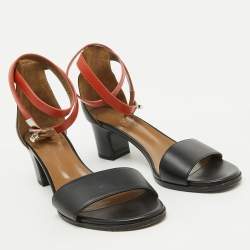 Hermes Black/Orange Leather Ankle Strap Sandals Size 38.5