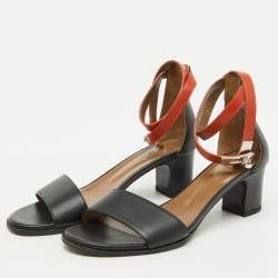 Hermes Black/Orange Leather Ankle Strap Sandals Size 38.5