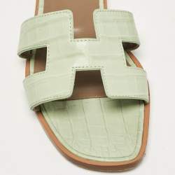 Hermes Green Crocodile Leather Oran Flat Slides Size 37