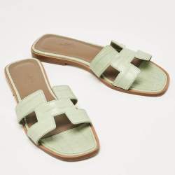 Hermes Green Crocodile Leather Oran Flat Slides Size 37