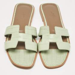 Hermes Green Crocodile Leather Oran Flat Slides Size 37