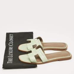 Hermes Green Crocodile Leather Oran Flat Slides Size 37