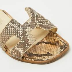 Hermes Beige/Brown Snakeskin Oran Flat Slide Sandals Size 38.5