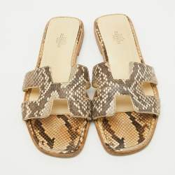 Hermes Beige/Brown Snakeskin Oran Flat Slide Sandals Size 38.5