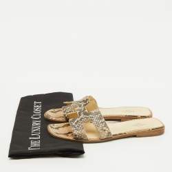 Hermes Beige/Brown Snakeskin Oran Flat Slide Sandals Size 38.5