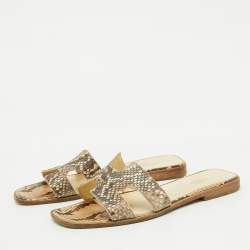 Hermes Beige/Brown Snakeskin Oran Flat Slide Sandals Size 38.5