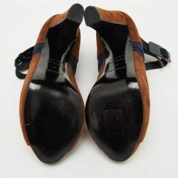 Hermes Brown/Blue Suede Double Ankle Strap Open Toe Booties Size 37