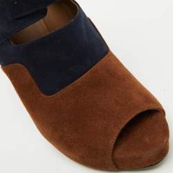 Hermes Brown/Blue Suede Double Ankle Strap Open Toe Booties Size 37
