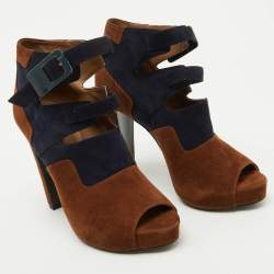 Hermes Brown/Blue Suede Double Ankle Strap Open Toe Booties Size 37