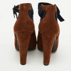 Hermes Brown/Blue Suede Double Ankle Strap Open Toe Booties Size 37