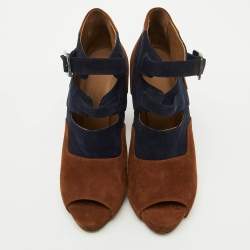 Hermes Brown/Blue Suede Double Ankle Strap Open Toe Booties Size 37