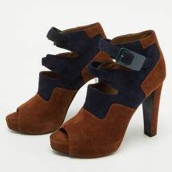 Hermes Brown/Blue Suede Double Ankle Strap Open Toe Booties Size 37