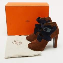 Hermes Brown/Blue Suede Double Ankle Strap Open Toe Booties Size 37