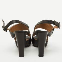 Pre Owned Hermes Black Leather Platform Ankle Strap Sandals Size 37