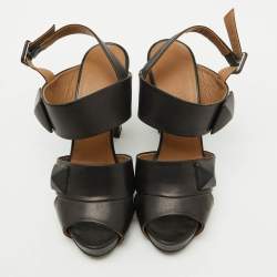 Pre Owned Hermes Black Leather Platform Ankle Strap Sandals Size 37