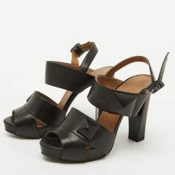Pre Owned Hermes Black Leather Platform Ankle Strap Sandals Size 37