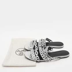 Hermes Silver Leather Chaine d'Ancre Flat Slides Size 37