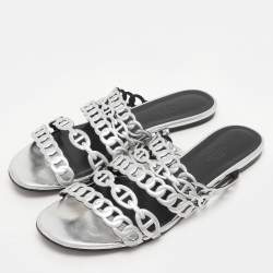 Hermes Silver Leather Chaine d'Ancre Flat Slides Size 37