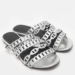 Hermes Silver Leather Chaine d'Ancre Flat Slides Size 37