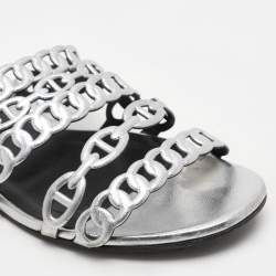 Hermes Silver Leather Chaine d'Ancre Flat Slides Size 37