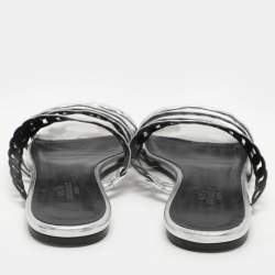 Hermes Silver Leather Chaine d'Ancre Flat Slides Size 37