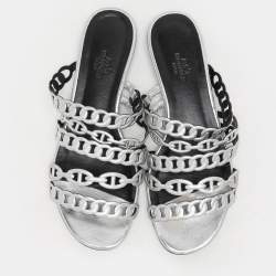 Hermes Silver Leather Chaine d'Ancre Flat Slides Size 37