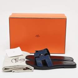 Hermes Blue Crystal Embellished Suede Oran Flat Slides Size 38