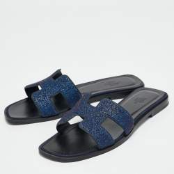 Hermes Blue Crystal Embellished Suede Oran Flat Slides Size 38