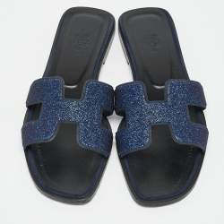 Hermes Blue Crystal Embellished Suede Oran Flat Slides Size 38