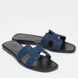 Hermes Blue Crystal Embellished Suede Oran Flat Slides Size 38