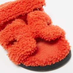 Pre Owned Hermes Orange Shearling Fur Chypre Sandals Size 39
