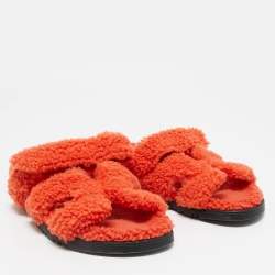 Pre Owned Hermes Orange Shearling Fur Chypre Sandals Size 39