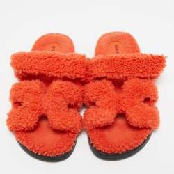 Pre Owned Hermes Orange Shearling Fur Chypre Sandals Size 39