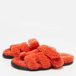 Pre Owned Hermes Orange Shearling Fur Chypre Sandals Size 39