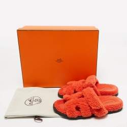 Pre Owned Hermes Orange Shearling Fur Chypre Sandals Size 39
