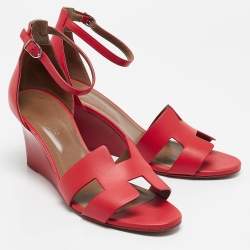 Pre Owned Hermes Orange Leather Legend Ankle Strap Wedge Sandals Size 40.5