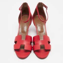 Pre Owned Hermes Orange Leather Legend Ankle Strap Wedge Sandals Size 40.5