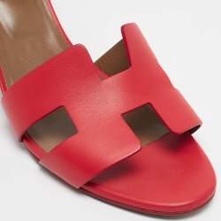Pre Owned Hermes Orange Leather Legend Ankle Strap Wedge Sandals Size 40.5
