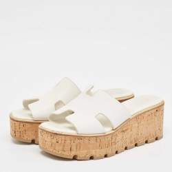 Hermes White Leather Eze Cork Platform Wedge Sandals Size 39