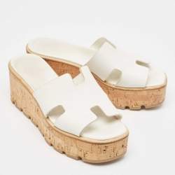 Hermes White Leather Eze Cork Platform Wedge Sandals Size 39