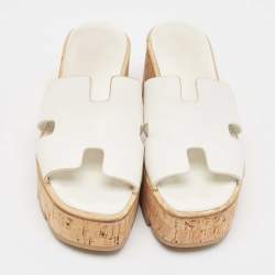 Hermes White Leather Eze Cork Platform Wedge Sandals Size 39