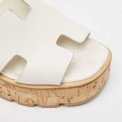 Hermes White Leather Eze Cork Platform Wedge Sandals Size 39